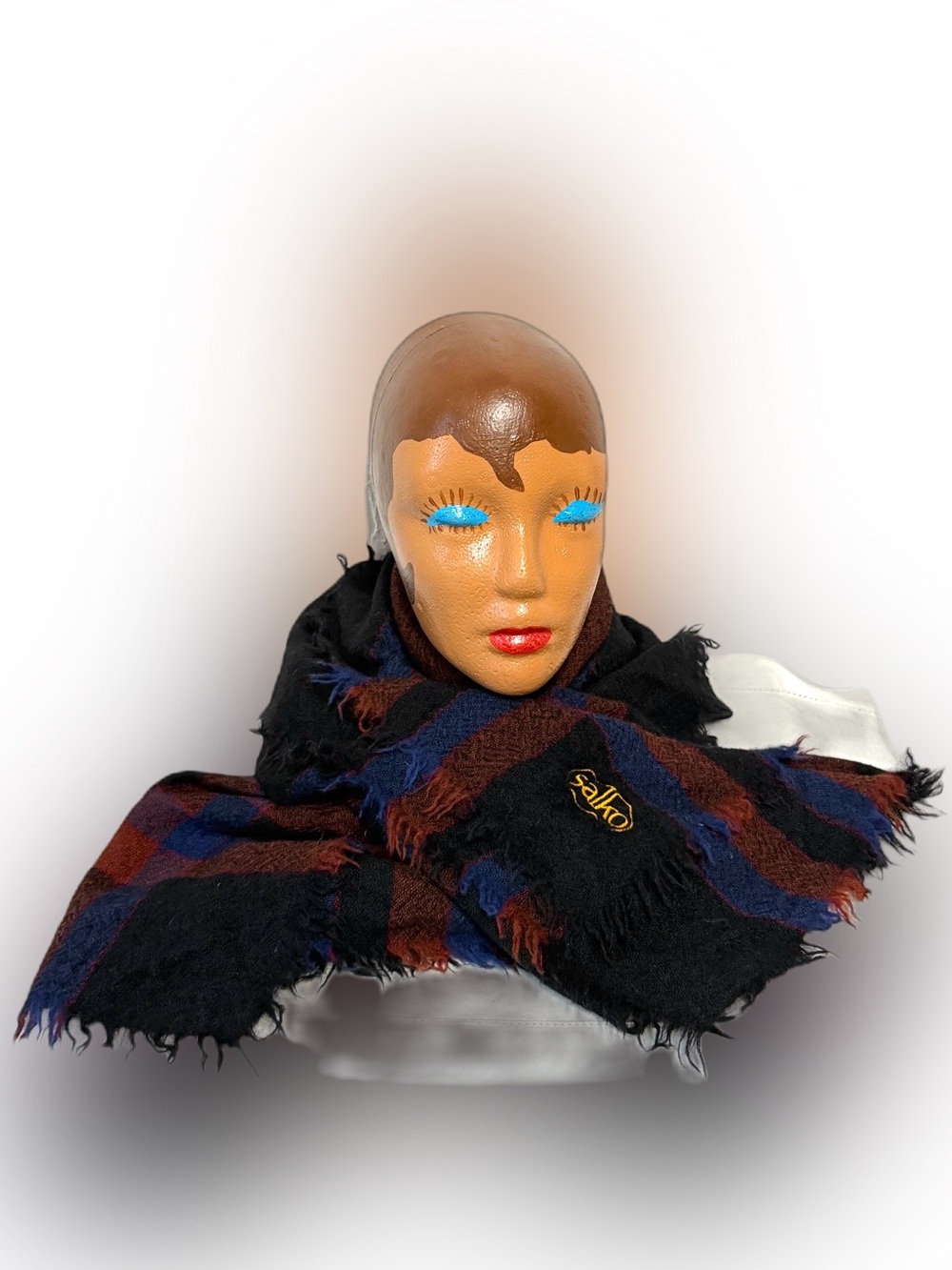 SALKO Austria Wool Plaid Fringe Wrap Scarf in Black, Burgundy & Navy